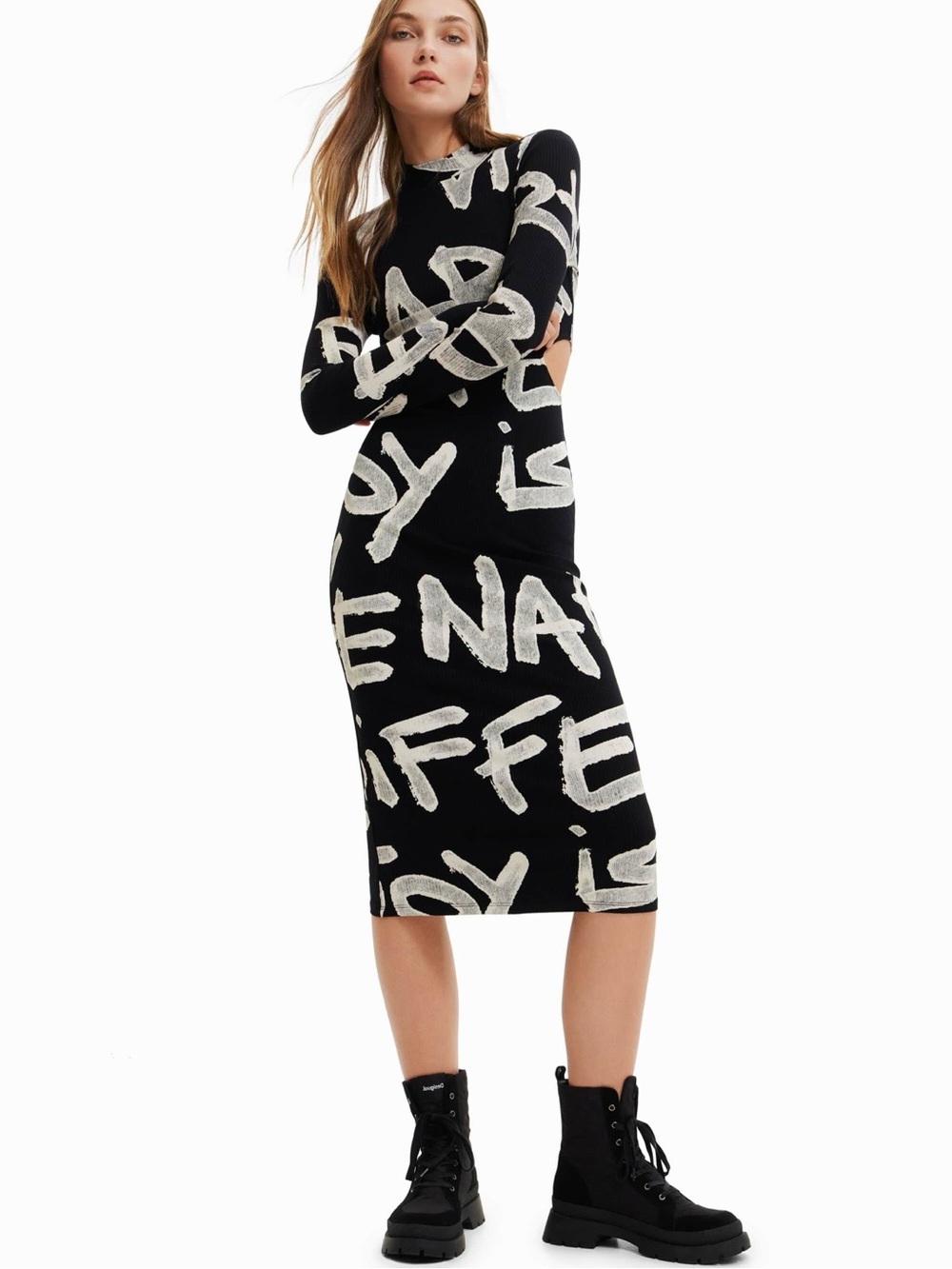 Desigual Manifesto Maya Dress Black & White Graffiti-Print Long Sleeve Bodycon - Picture 3 of 16